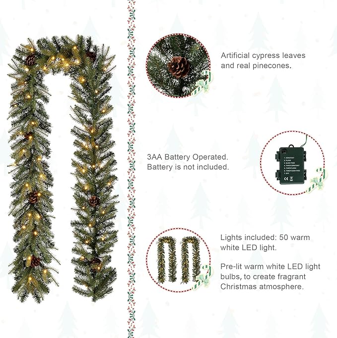Glitzhome 2PK Pre-Lit Greenery Pine Cone Christmas Garlands with Warm White LED Lights and Timer - 9 ft