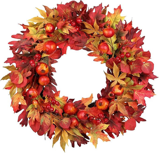 Briful 24 Inch Fall Wreaths for Front Door Artificial Autumn Maple Leaf Wreath with Red Berries & Pomegranate Outdoor Fake Hanging Wreath for Harvest Thanksgiving Home Mantle Window Porch Decor
