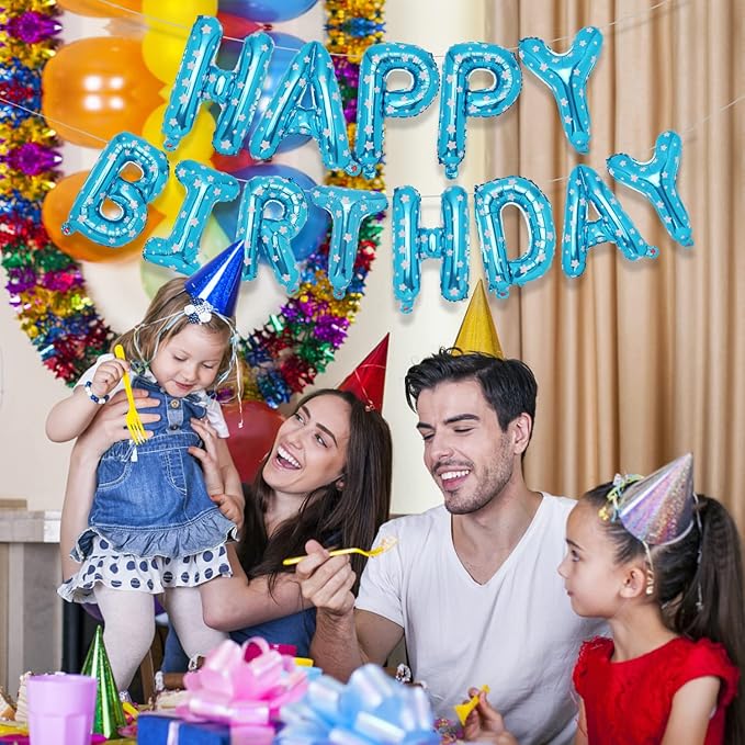 Accevo Blue Happy Birthday Banner,16 Inch Star Pattern Birthday Balloons Foil Letters Balloon Happy Birthday Sign for Kids, Child, Adults, Boys & Girls Birthday Party Decorations Birthday Banner