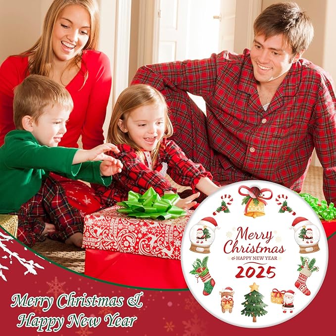 Christmas Ornaments 2025 – 3 Inch Round Tree Decoration Ornaments, Double-Sided Holiday Keepsake Gift for Family, Friends & Couples | Merry Christmas & Happy New Year Ceramic Ornament with Gift Box.
