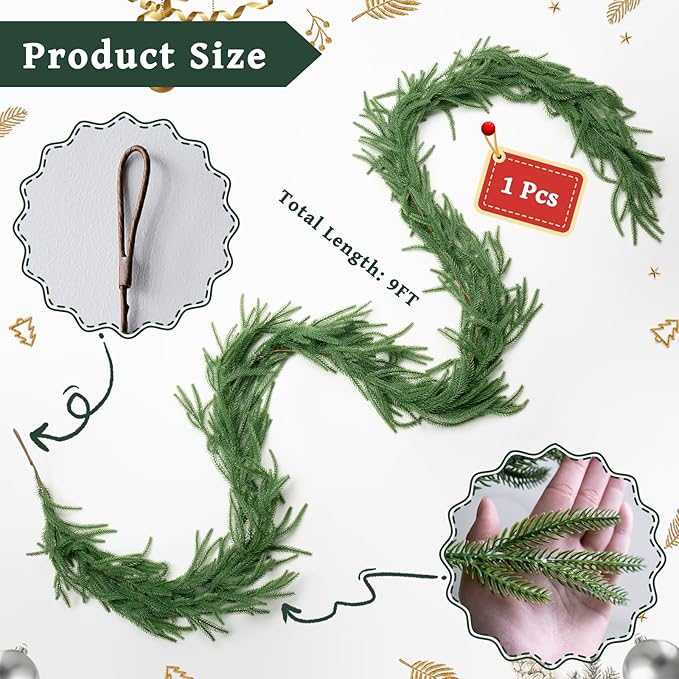 Artificial 9Ft Norfolk Pine Garlands, Christmas Winter Pine Garland, Real Touch Faux Green Greenery Garland for Table, Fireplace, Stairs, Mantle, Window, Indoor, Outdoor Christmas Decorations