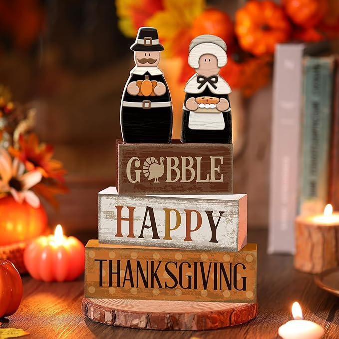 4 Pcs Thanksgiving Decoration for Home Wooden Pilgrim Couple Decor Thanksgiving Tiered Tray Decor Fall Centerpiece Rustic Decorative Pilgrim Block Sign Gift Farmhouse for Home Kitchen