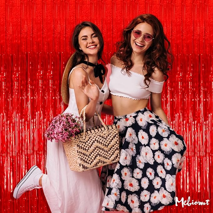 4 Pack Red Fringe Curtain Backdrop, 3.2Ft x 9.8Ft Metallic Tinsel Foil Fringe Streamers Background for Photo Booth Birthday Wedding Baby Shower Carnival Easter Mother’s Day Party Decorations