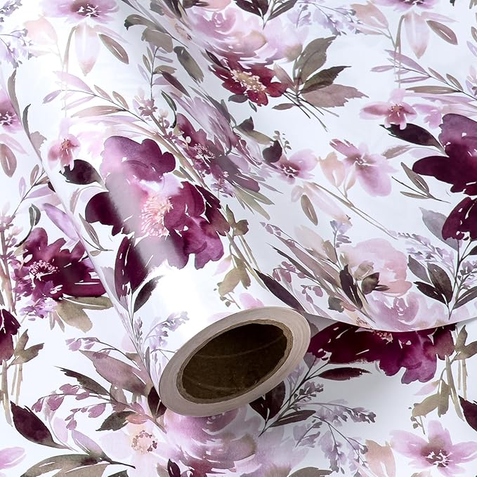 WRAPAHOLIC Reversible Floral Wrapping Paper - Mini Roll - 17 Inch X 33 Feet - Purple Floral Design for Wedding, Birthday, Valentines' Day, Baby Shower, Anniversary, Bridal Shower