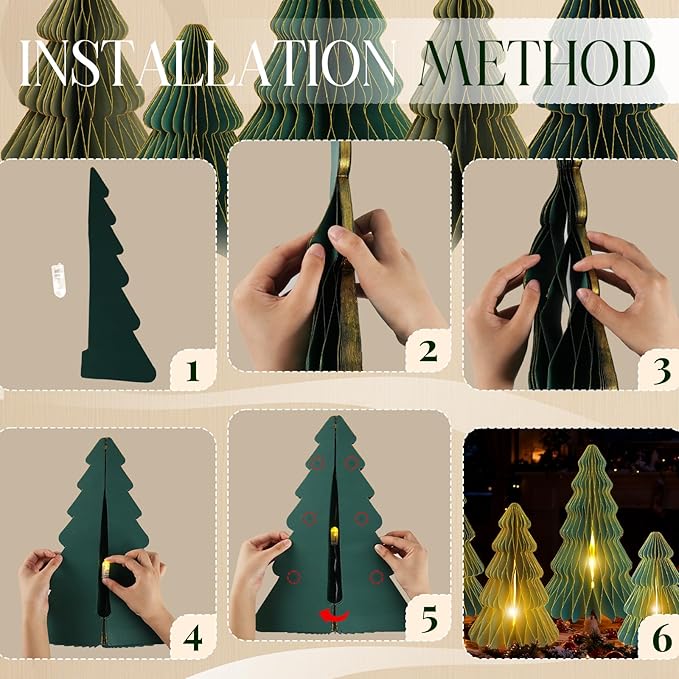 5Pcs Large Green Christmas Table Decorations Paper Christmas Trees, Light Up Honeycomb Xmas Tree Centerpieces for Tables, Christmas Frozen Winter Wonderland Party Vintage Home Decor, 12/14/16 Inch