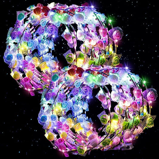 LovesTown 60PCS Glow in the Dark Party Supplies, Flower Crowns for Women Light Up Flower Crown, Light Up Party Favors for Christmas New Year Raves Birthday Wedding Reception Mardi Gras Cosplay