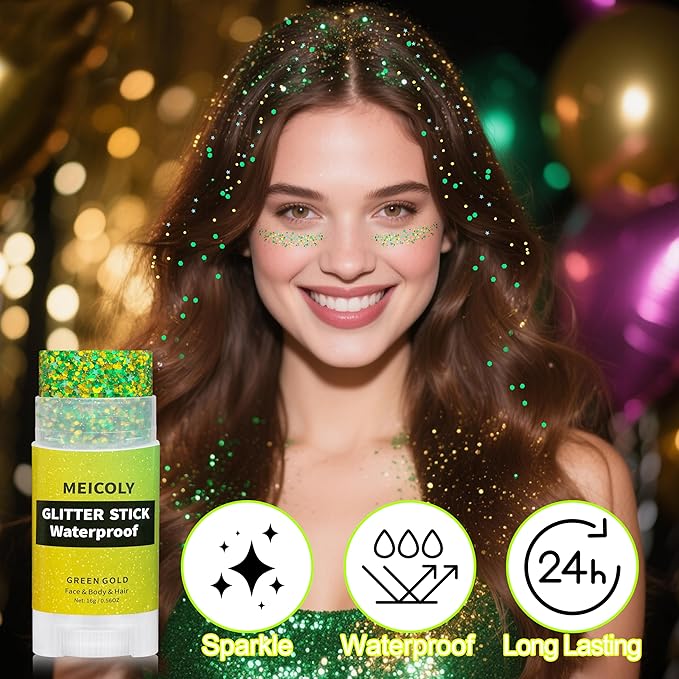 MEICOLY Gold and Green Face Glitter Stick,Hair Glitter Stick for Kids and Women,Green and Gold Spirit Wear Alien Makeup Accessories,Sparkle Body Glitter Makeup for Mardi Gras Carnival Festival Party