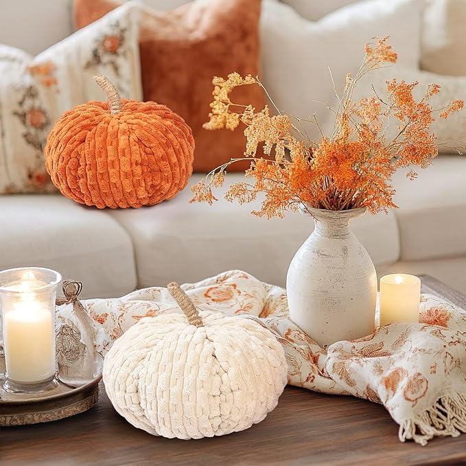 2pcs Faux Pumpkins Fall Harvest Fabric Plush Pumpkin Thanksgiving Halloween Decor for Table Centerpiece Farmhouse (Beige Orange)