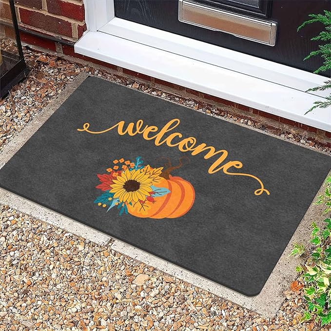 InterestPrint Fall Door Mat with Non-Slip Backing, Welcome Pumpkin Doormat Front Porch Rug Welcome Mats for Autumn Halloween Thanksgiving Farmhouse Decor, 30"x18"inch
