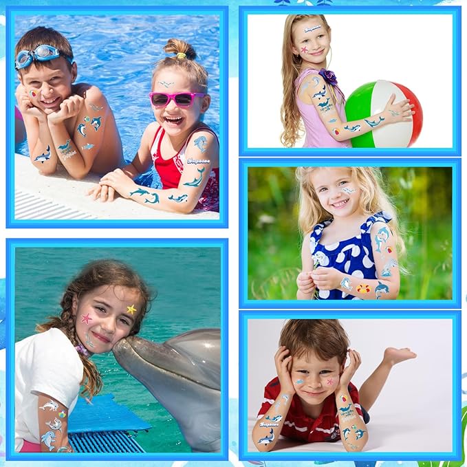 Dolphin Temporary Tattoos for Kids-100+ Glitter Style Underwater Animals Cute Fake Tattoo Waterproof for Girls Boys Body Face Tattoos Stickers Beach Ocean Party Favors Decorations
