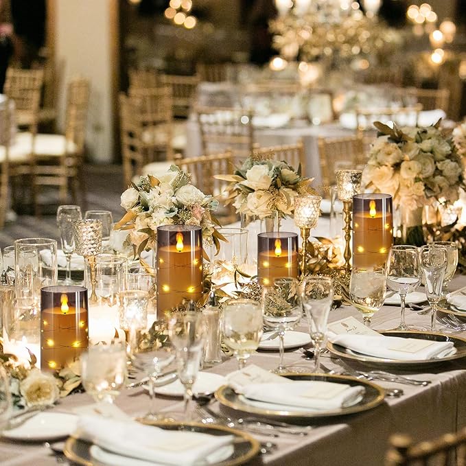 NURADA Flickering Flameless Candles: Built-in Star String Lights 3D Wick Acrylic Battery Operated LED Pillar Candles with Remote and Timer for Wedding Birthday Christmas Decor - Gray 2 Pack