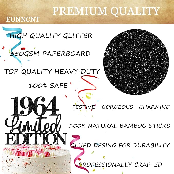 Limited EDITION 1964 Cake Topper - Black Glitter Happy 61st Birthday Party Cake Decoration Supplies, Cheer to 61 Years Cake Bunting Decor for 61st Birthday Party Photo Booth Props