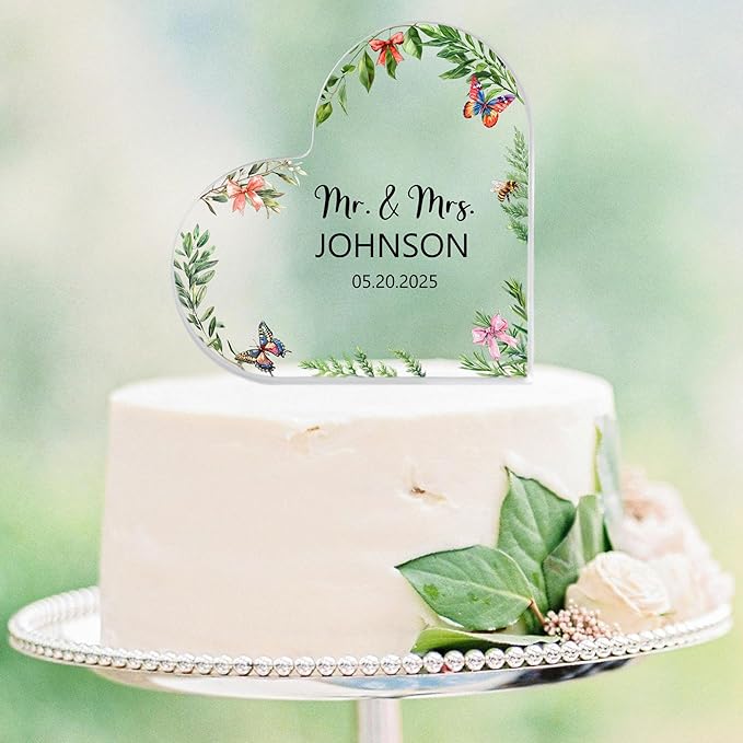 Custom Wedding Heart Acrylic Plaque,Mr & Mrs Cake Topper,Personalized Wedding Keepsake/Gift/Sign (Style 18)