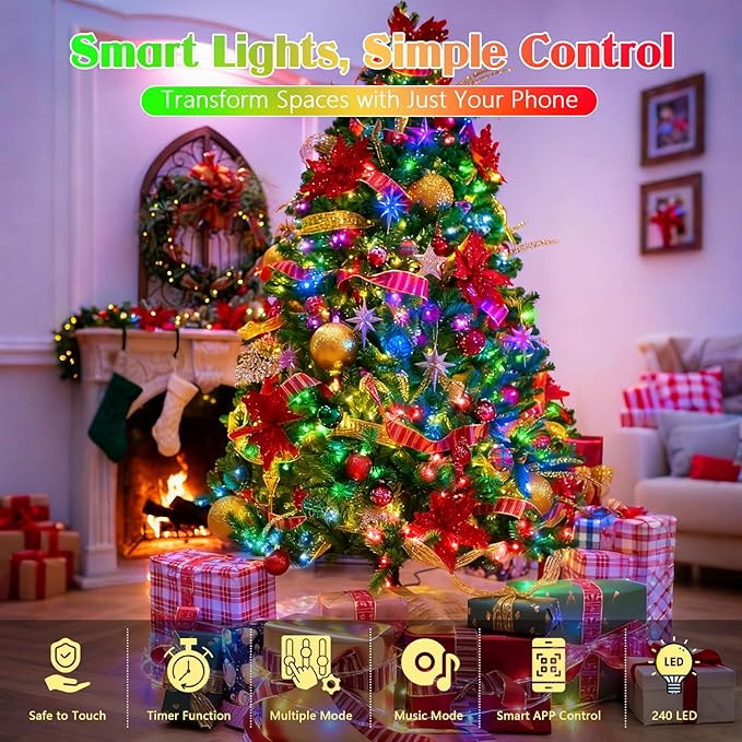 88FT 240LED Smart Color Changing Christmas String Lights Outdoor | App Control RGB LED String Lights with Remote & Timer, Waterproof Twinkle Christmas Tree Lights Indoor for Holiday Xmas Decor
