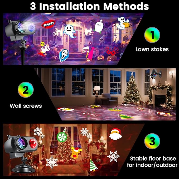 Christmas Halloween Projector Lights Outdoor，LED Projector Lights,2-in-1 Dual Projection System with 10 Slides，15W Brighter HD Ocean Wave Effect,Waterproof for Indoor/Outdoor Decor, Home Party.
