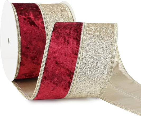 Burgundy Velvet Wired Christmas Ribbon 4 Inch Extra Wide Thick Maroon and Gold Glitter Holiday Ribbon – 10-Yards Roll for Tree Decorations, Gift Wrapping, Wreaths, and DIY Crafts