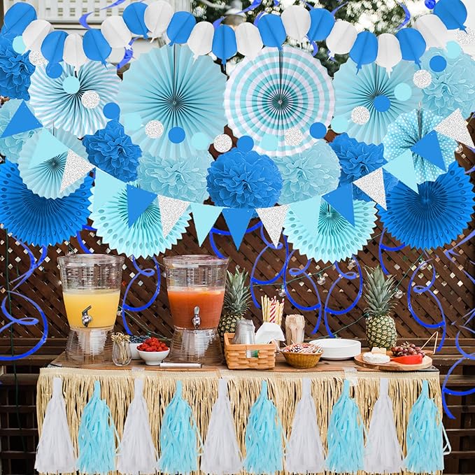 ZERODECO Party Decorations, 41 Pcs Blue Papar Fans Pompoms Garlands String Tissue Paper Tassel for Fiesta Home Bridal Baby Shower Wedding Boy Girl Birthday Party