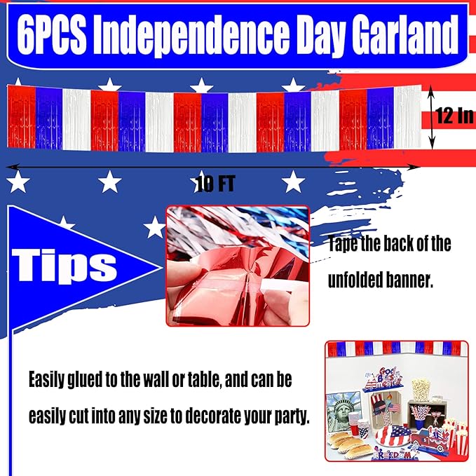 6 Pack 10 Feet Foil Fringe Garland Metallic Tinsel Streamers Banner Wall Hanging Backdrop for Parade Floats, Bachelorette, Wedding, Birthday, Independence Day Party Decorations(Red Blue White)