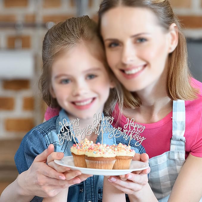 24 PCS Glitter Cupcake Toppers - Silver Happy Birthday & Anniversary Picks