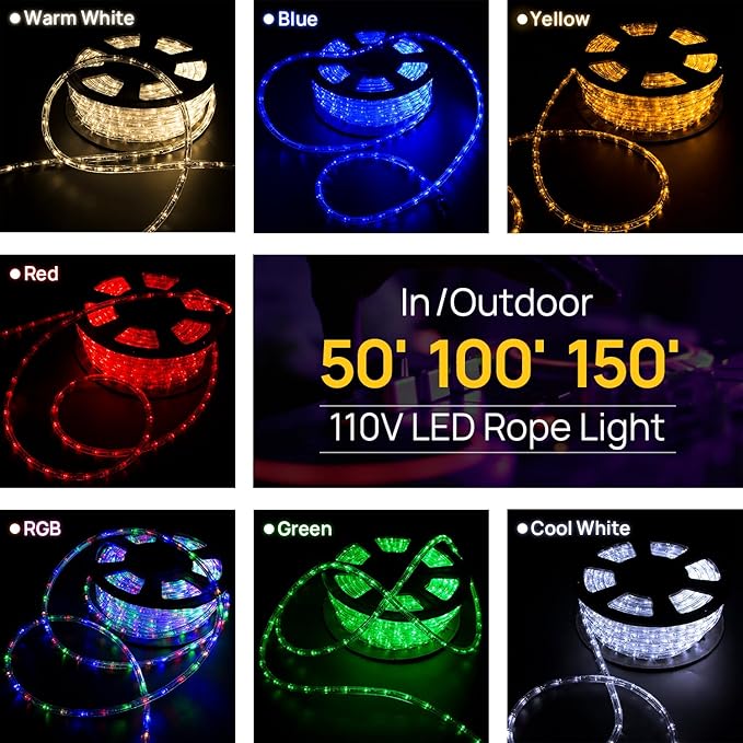 Flexible 150FT Crystal Clear PVC Tubing LED Rope Light Indoor/Outdoor Boat Decorative Party Christmas Holiday Business Restaurant Light Kit 110V (Multi-Color)