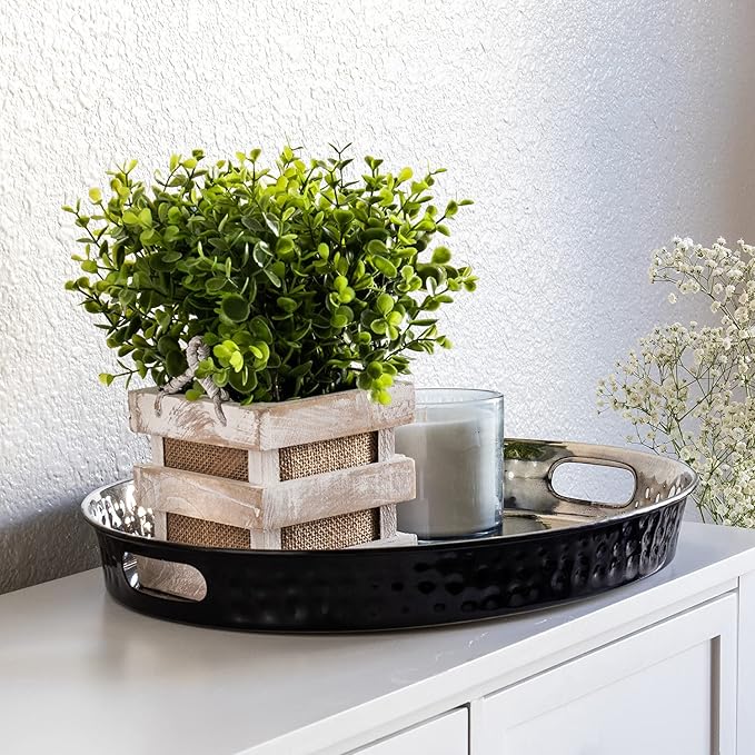 Monarch Abode Hand Hammered Metal Serving Tray with Handles, 17-Inch Black and Nickel Finish – Oval Serving Platter, Large Serving Tray for Party, Fruit Platter, Dessert Trays, Serving Dishes