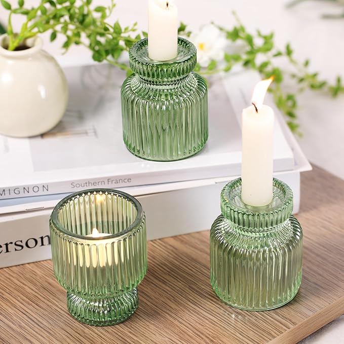 DARJEN 12 Pcs Glass Candlestick Holders- Green Taper Candlestick Holders Tealight Votive Candle Holders for Table Centerpieces, Wedding, Dinner Party, Home Decor