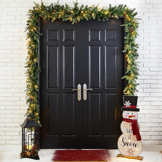 Glitzhome 2PK Pre-Lit Greenery Pine Cone Christmas Garlands with Warm White LED Lights and Timer - 9 ft