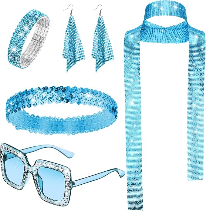 Sasylvia 5 Pcs 70s Disco Accessories Halloween Women Costume Jewelry Sequin Scarf Earrings Sunglasses Bracelet Headband