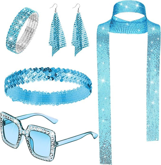 Sasylvia 5 Pcs 70s Disco Accessories Halloween Women Costume Jewelry Sequin Scarf Earrings Sunglasses Bracelet Headband