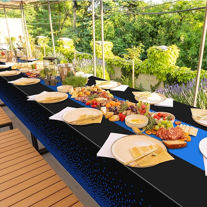MASHAN 12Pcs Black and Blue Tablecloth Party Decorations,Plastic Black Table Cloth Printed Blue Runner Disposable Rectangle Table Cover for Birthday Wedding Anniversary Graduation Party,54 x108 Inch