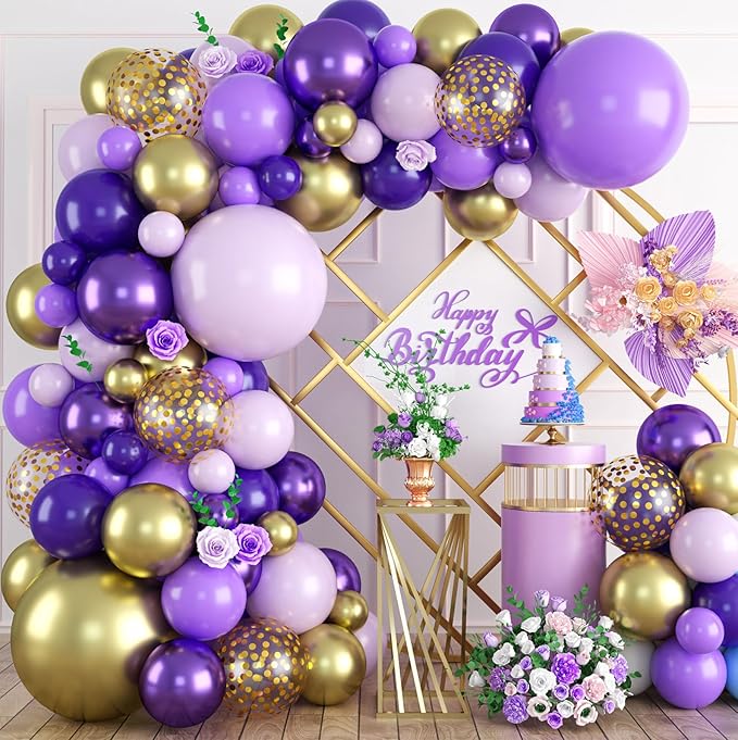 Purple and gold Balloon Arch Kit, 120PCS Purple and White Balloon Garland Pastal Purple White Gold Confetti Balloons for Girls Birthday Baby Shower Bridal Shower Halloween Party Decorations