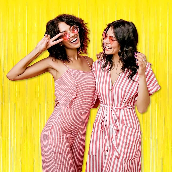 3 Pack Macaron Yellow Foil Fringe Curtains Backdrop, 3.28 x 8.2 Ft Metallic Streamers Tinsel Curtains Background for Photo Booth, Birthday, Christmas, Halloween, New Year Party Decorations