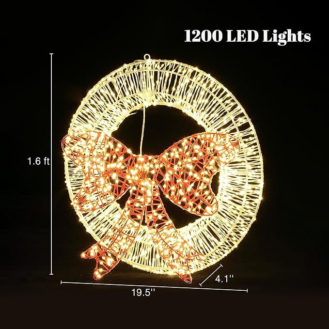 LuxenHome 1.5Ft Lighted Christmas Wreath, Christmas Outdoor Decorations, Large Wreath with LED Lights, Red Bow Wreath for Indoor, Lawn, Yard, Garden, Holiday Decor