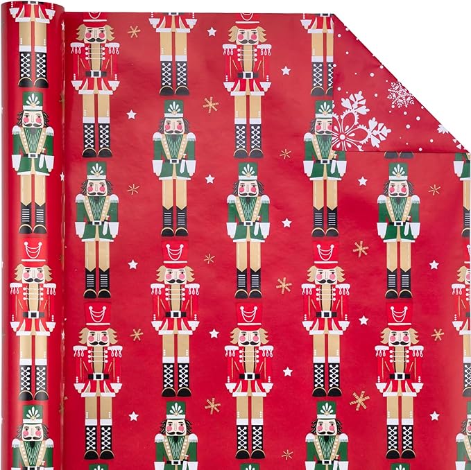 WRAPAHOLIC Reversible Nutcracker Christmas Wrapping Paper - Mini Roll - 17 Inch x 33 Feet - Red Nutcracker and Snowflake Wrapping Paper for Christmas, Holiday, Party