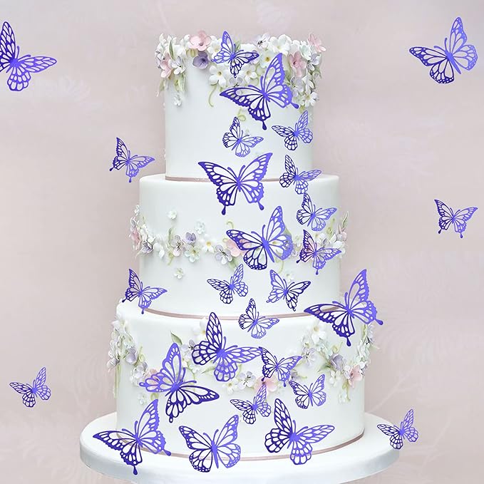 40 PCS Laser 3D Butterfly Cupcake Toppers - Hollow Arts Cake Decorations for Baby Shower, Wedding, Fairy Birthday Party Supplies - Wall Sticker Decoration Mixed Styles Dark Blue