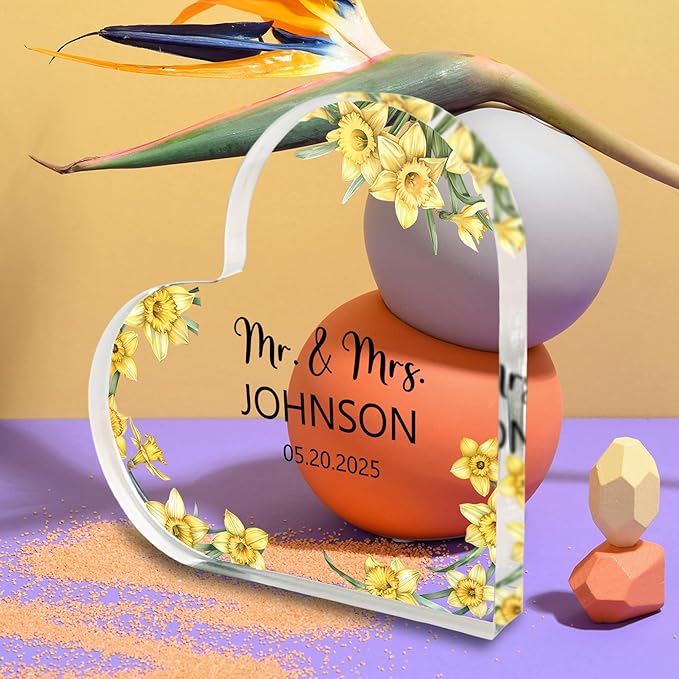 Custom Wedding Heart Acrylic Plaque,Mr & Mrs Cake Topper,Personalized Wedding Keepsake/Gift/Sign (Style 7)
