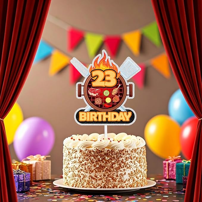 Barbecue Cake Topper 23rd Birthday Happy BBQ Sausage Decorations for Men and Women Birthday Party, Summer Outdoor Picnic Party, Anniversary Friends Family Event Gathering Cooking Grill Decoration