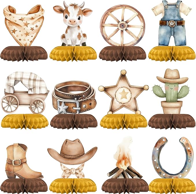 Cowboy Baby Shower Centerpieces – 12 PCS Honeycomb Table Decorations, Western Baby Shower, Rustic Little Cowboy Party Supplies