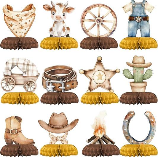 Cowboy Baby Shower Centerpieces – 12 PCS Honeycomb Table Decorations, Western Baby Shower, Rustic Little Cowboy Party Supplies