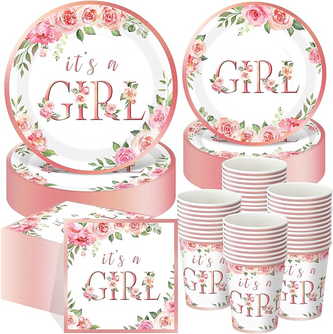 250 Pcs Baby Shower Decoration for Girl, Pink Floral Paper Plates Napkins and Cups It's a Girl Baby Shower Party Tableware for Gender Reveal Spring Birthday Decorations, Serves 50