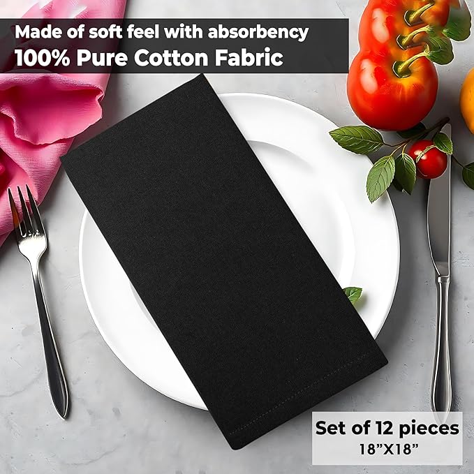 Cloth Dinner Napkins Onyx Set of 12 (18"X18") 100% Cotton Absorbent Durable Washable Reusable Ideal for Farmhouse Party Thanksgiving Fall Christmas Everyday Use Table Napkins