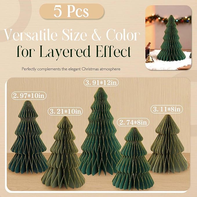 5Pcs Christmas Honeycomb Table Decorations Indoor, Lighted 3D Honeycomb Paper Christmas Trees, Vintage Green Table Centerpieces for Xmas Frozen Winter Holiday Party Home Decor, 8/10/12 Inch