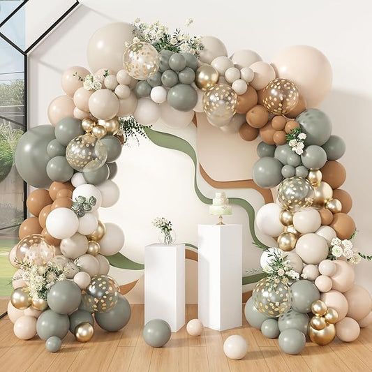 Amandir 173Pcs Dusty Green Nude Balloon Arch Garland Kit, Blush Cream White Sand Avocado Green Brown Gold Confetti Balloons for Neutral Baby Shower Gender Reveal Wedding Birthday Party Decorations