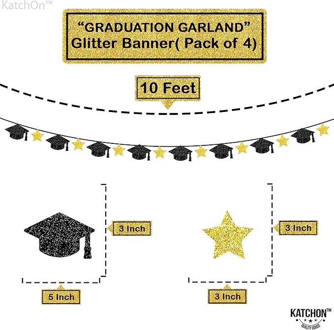 KatchOn, Graduation Cap Garland - 10 Feet, No DIY | Grad Garland Class of 2025, Black and Gold Grad Decorations 2025 | Grad Cap Decor for Graduation Decorations 2025