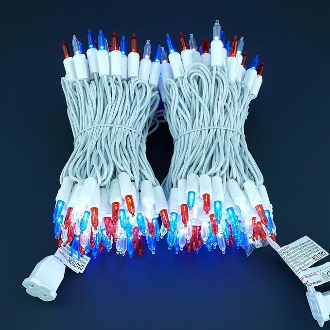 200 Count Red White and Blue LED Christmas Lights, 66 ft White Wire UL Certified Commercial Grade Holiday String Light Set (Red White & Blue)