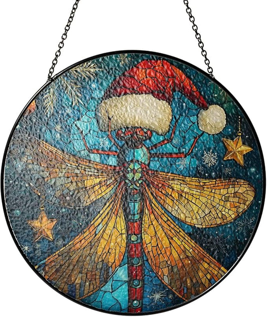 Damselfly Dragonfly Stained Glass Window Hanging Decor - Damselfly Dragonfly Christmas Hanging Ornament - Damselfly Dragonfly Christmas Decor - Wall Decor for Indoor Outdoor - Xmas Gift for Home Decor
