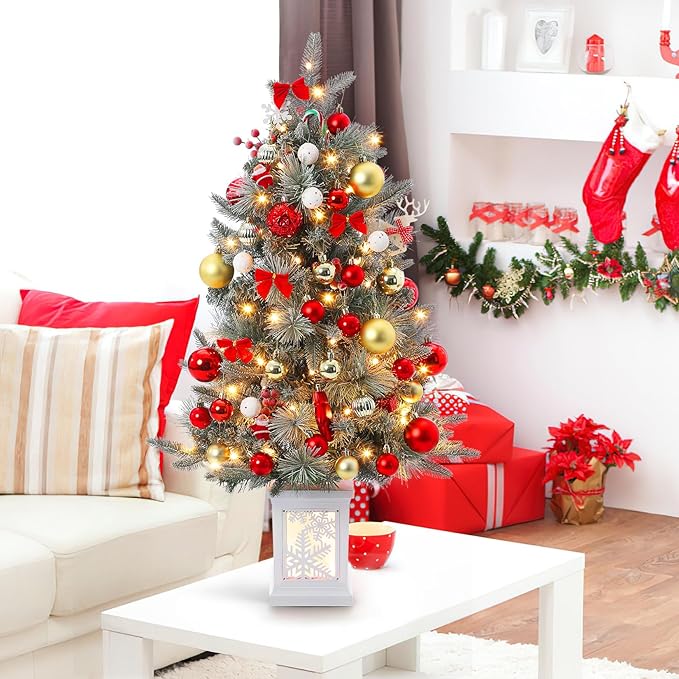 GarveeHome 3ft Prelit Christmas Tree with 78 Warm Lights & Red Berry, Artificial Xmas Trees with Snowflake Light Box Base, for Home, Office, Fireside Christmas Decoration, Set of 1