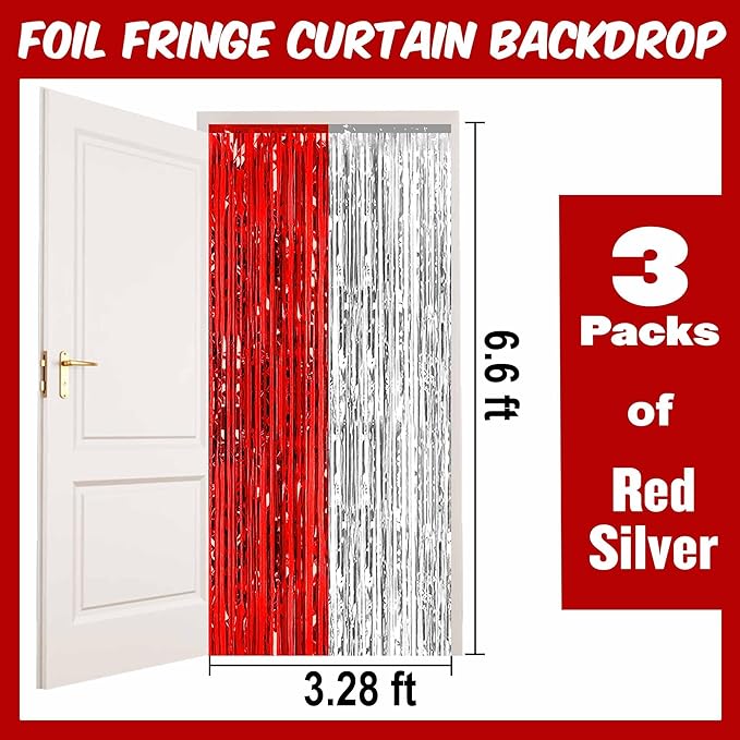 3 Pack Red and Silver Foil Fringe Curtains Backdrop, 3.28 x 6.6 Ft Metallic Streamers Tinsel Curtains Background for Photo Booth, Birthday, Halloween, Christmas, New Year Party Decorations