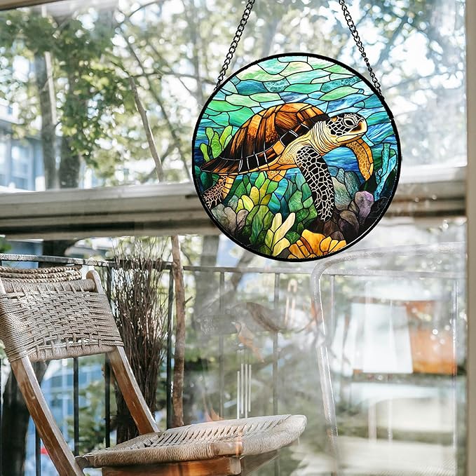 Stained Glass Window Hanging - Cute Sea Turtle Suncatcher for Door Garden Yard Blue Ocean Sun Catchers Decor Christmas Mother's Day Birthday Children's Gifts for Women Mom Nana Friend 7.8 in