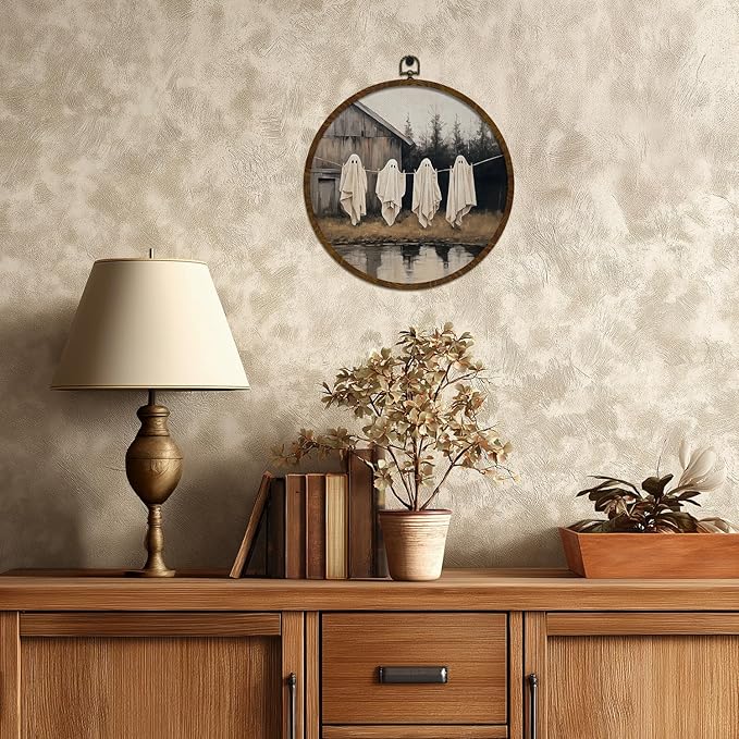 Funny Halloween Ghost Round Wall Art,Gothic Canvas Wall Hanging Decor, Spooky Farmhouse Vintage Round Wall Art for Bedroom Living Room Entryway, Rustic Ghost Gothic Wall Decor,Gift for Halloween10x10Inch(Dark-Ghost04)